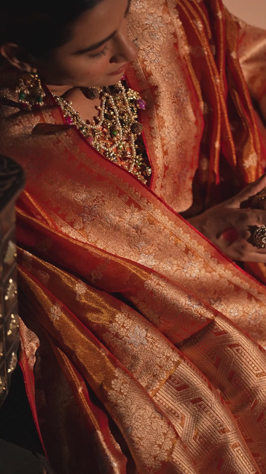 Rust Orange Tissue Saree with Grand Floral Zari Weaves