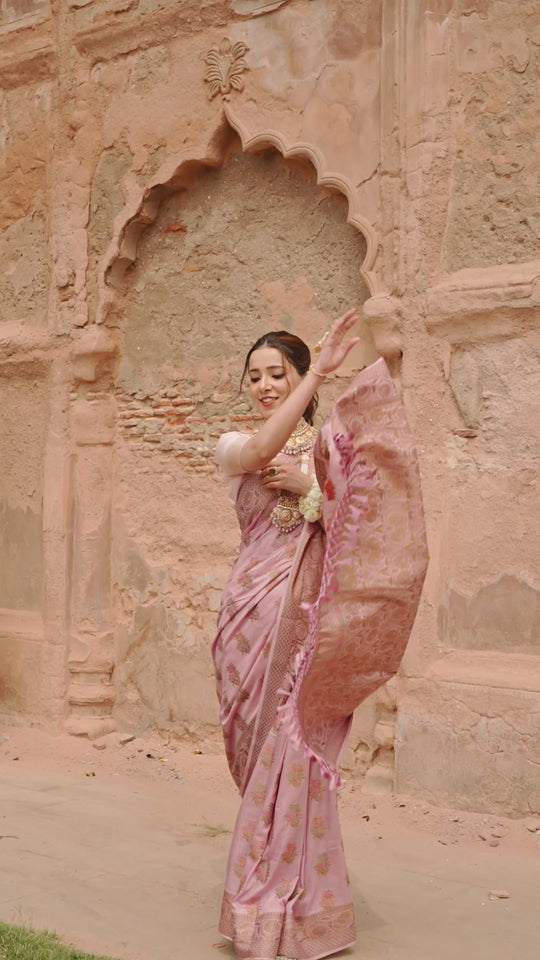 Soft Lilac Pure Muga Saree with Intricate Meenakari Antique Zari Weaving