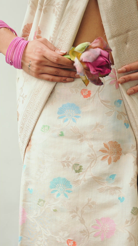 Ivory Meenakari Pure Banarasi Saree with Blooming Pastel Florals