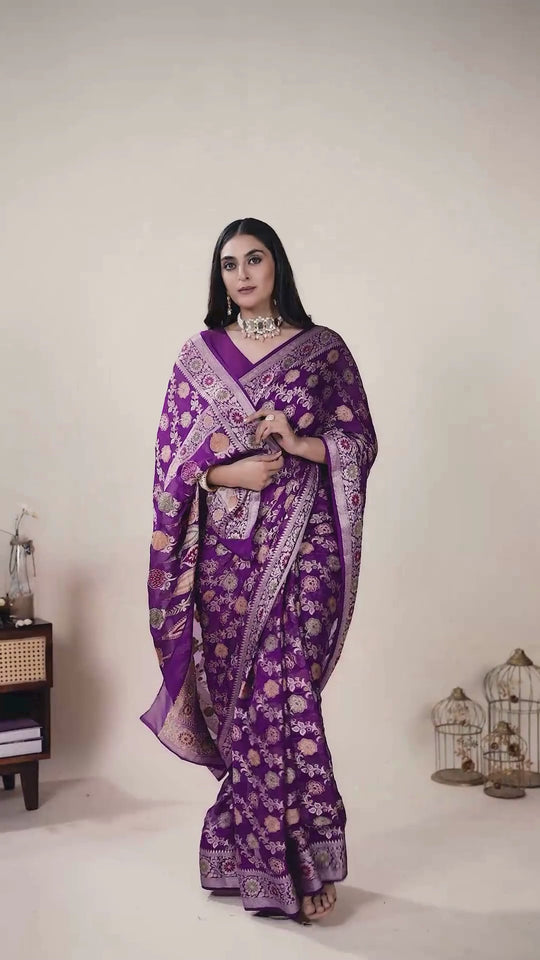 Purple Floral Meenakari Pure Chiffon Saree