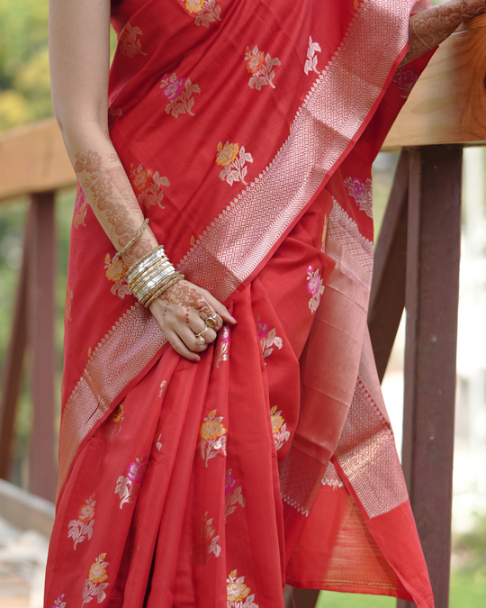 Sapphire Red Banarasi Silk Saree with Intricate Zari and Weave