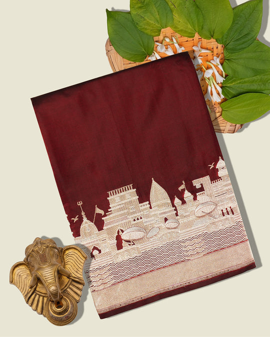 Maroon Pure Katan Saree Featuring Timeless Kashi Skyline and Riverfront Weaves