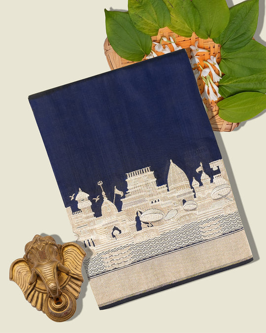 Blue Pure Katan Saree with Architectural Banaras Ghat & Temple Weaving