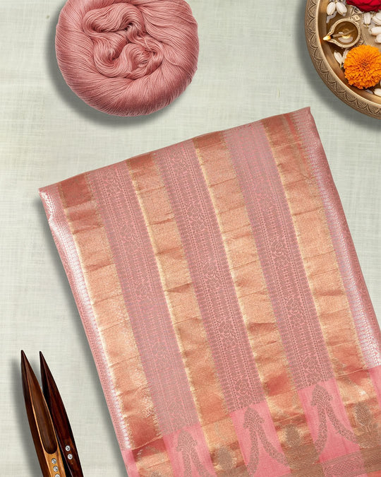Pink Pure Banarasi and Tissue Silk Saree with Regal Floral Jaal Weaves - katansi