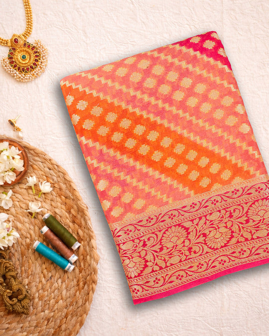Saffron Blaze Pure Chiffon Saree with Traditional Rangkat Weaves