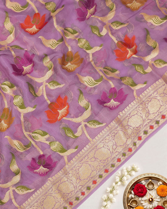 Deep Lilac Pure Chiffon Saree with Handwoven Blooming Trails and Zari