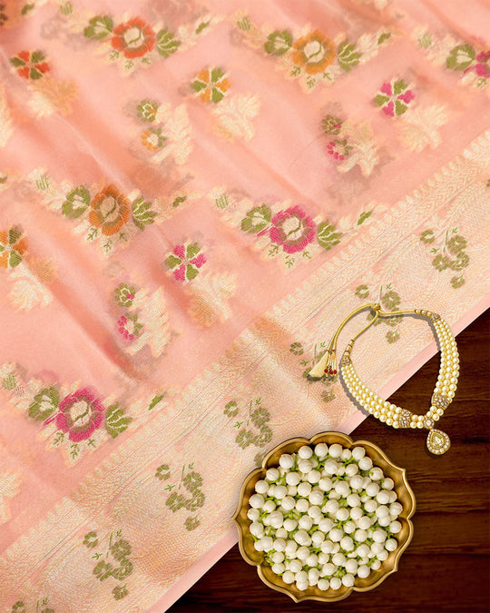 Soft Peach Pure Chiffon Saree with Floral Meenakari Weaves