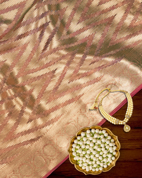 Soft Maroon Pure Tissue Silk with Woven Stripes and Heritage Gold Border