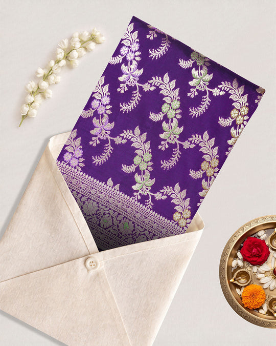 Purple Pure Katan Saree with Detailed Floral Meenakari Weave