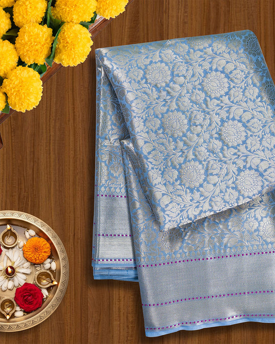 Misty Blue Pure Banarasi Saree Floral Jaal Weaves