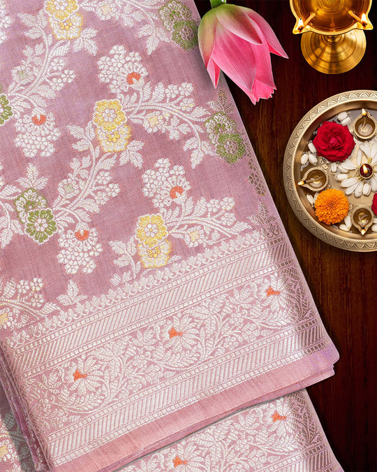 Rose Pink Pure Banarasi Saree with Multi-color Meenakari Floral Weaves