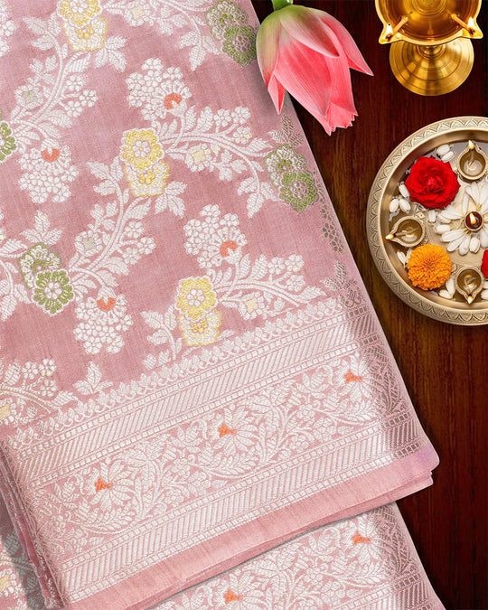 Rose Pink Pure Banarasi Saree with Multi-color Meenakari Floral Weaves