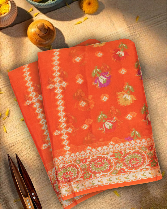 Orange Pure Chiffon Saree with Multi-color Meenakari Weaves