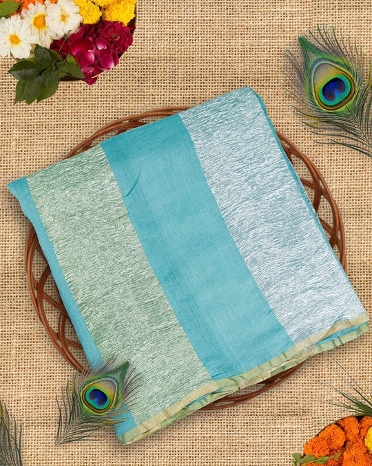 Turquoise Pure Muga & Tissue Saree with Stripe Weaves and Refined Minimal Border