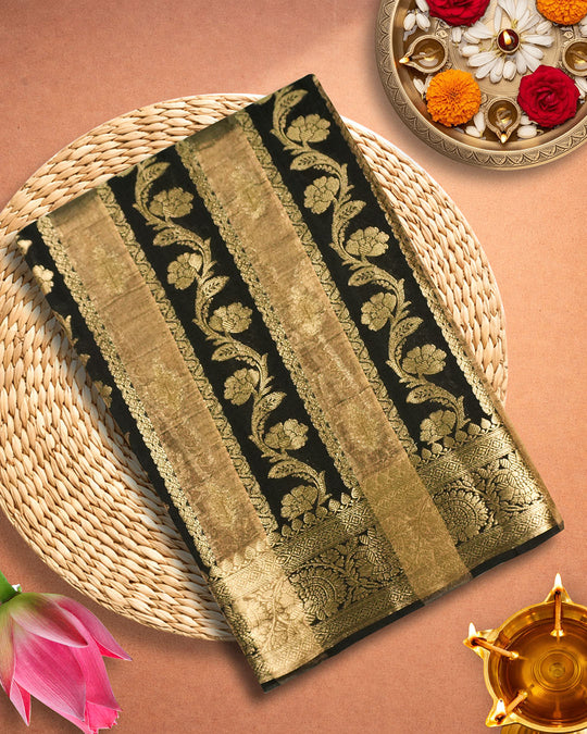 Black Pure Banarasi and Tissue Silk Saree with Royal Floral Stripe Weaves