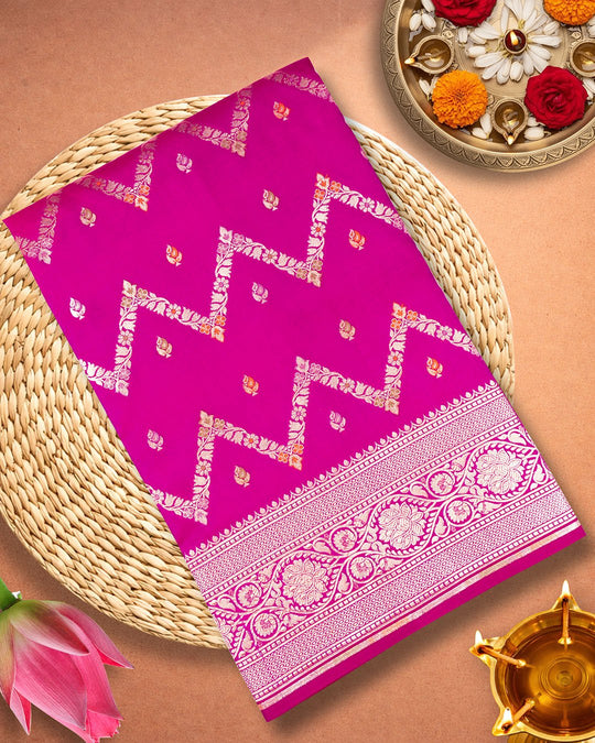 Rani Pink Pure Katan Saree with Meenakari Zigzag Vine Pattern - katansi