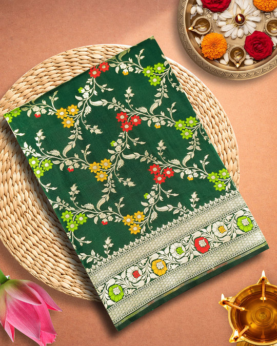 Green Pure Katan Saree with Handloom Floral Meenakari Weaves
