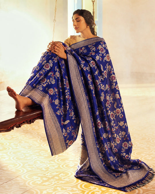 Blue Pure Banarasi Saree with Meenakari Floral Vine Weaves