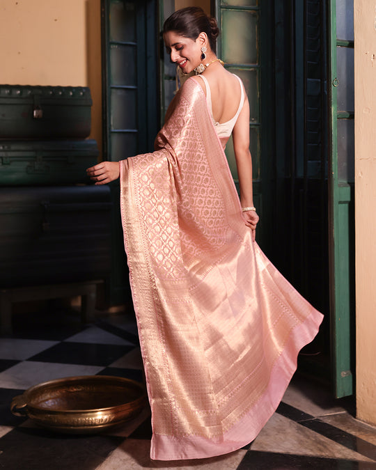 Blush Pink Pure Banarasi Saree with Damask Floral Weaves
