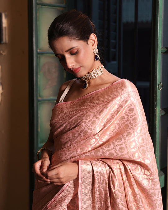 Blush Pink Pure Banarasi Saree with Damask Floral Weaves