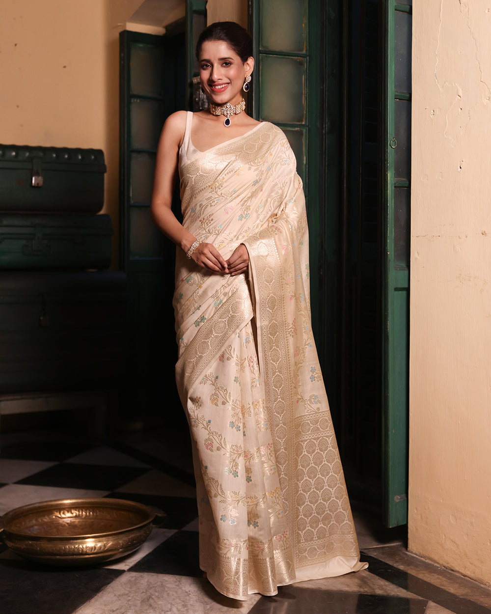 Cream Pure Banarasi Saree with Floral Meenakari Vine Jaal Weaves