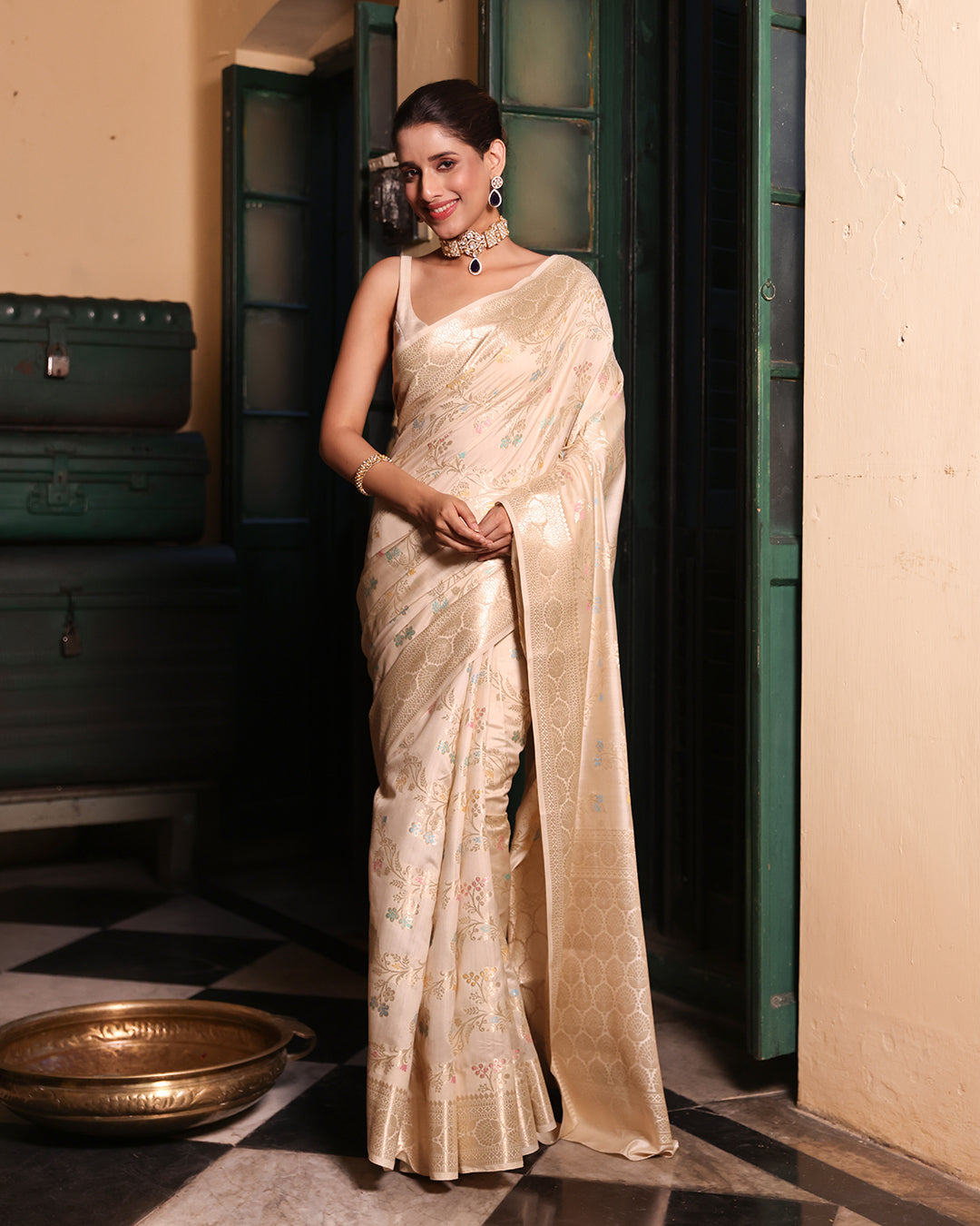 Cream Pure Banarasi Saree with Floral Meenakari Vine Jaal Weaves