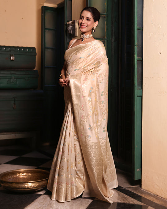 Cream Pure Banarasi Saree with Floral Meenakari Vine Jaal Weaves