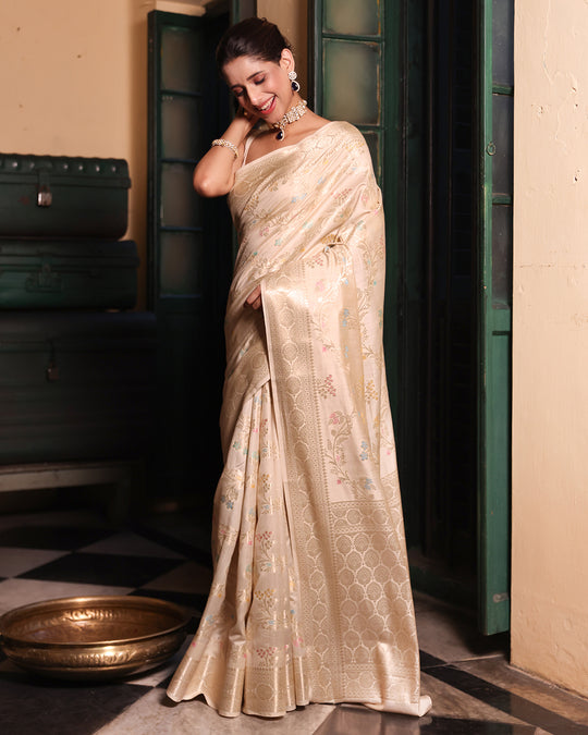Cream Pure Banarasi Saree with Floral Meenakari Vine Jaal Weaves