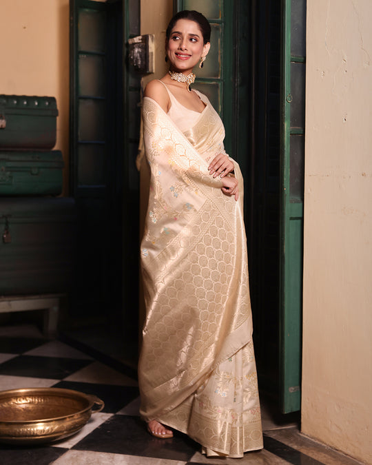 Cream Pure Banarasi Saree with Floral Meenakari Vine Jaal Weaves