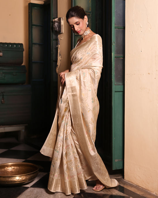 Cream Pure Banarasi Saree with Floral Meenakari Vine Jaal Weaves