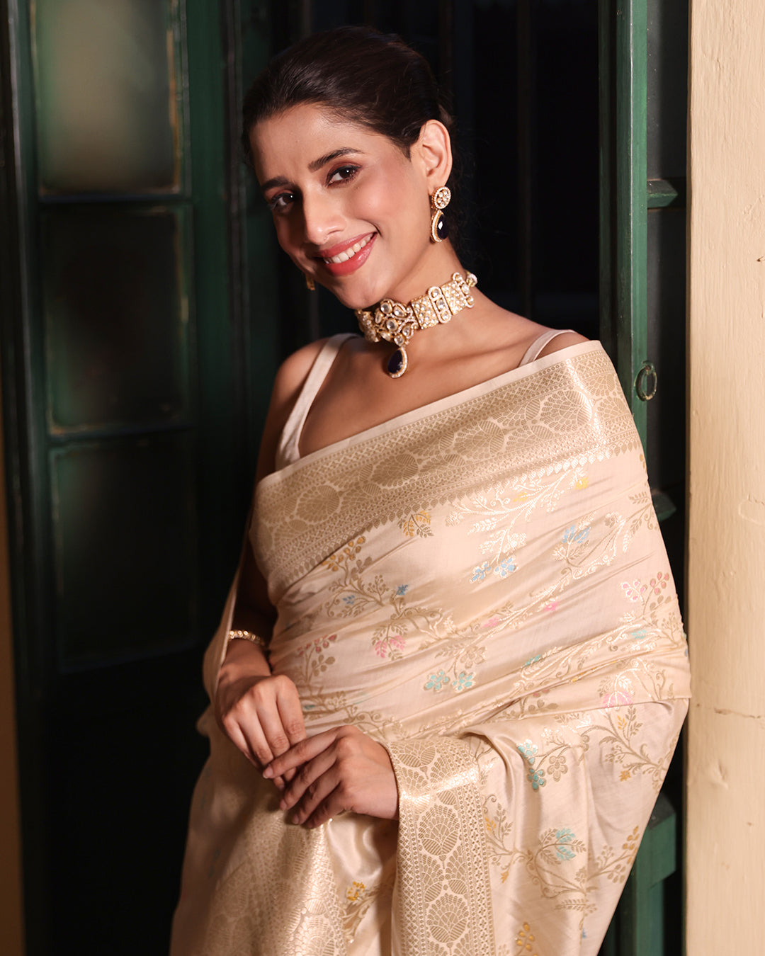 Cream Pure Banarasi Saree with Floral Meenakari Vine Jaal Weaves