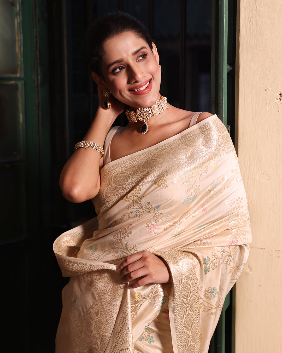 Cream Pure Banarasi Saree with Floral Meenakari Vine Jaal Weaves