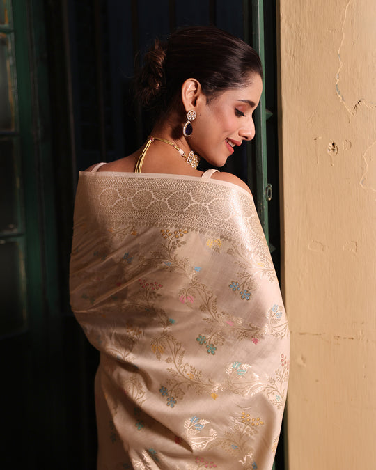 Cream Pure Banarasi Saree with Floral Meenakari Vine Jaal Weaves
