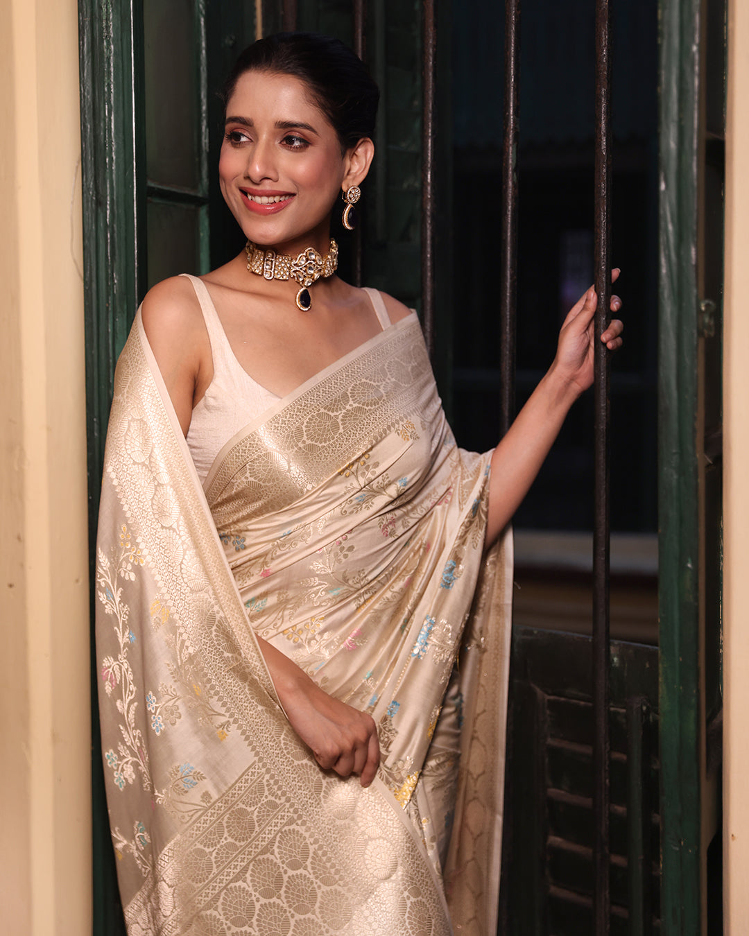 Cream Pure Banarasi Saree with Floral Meenakari Vine Jaal Weaves