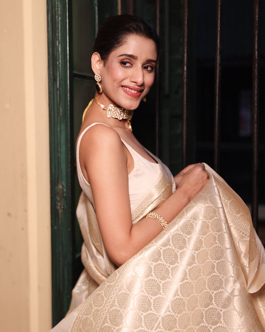 Cream Pure Banarasi Saree with Floral Meenakari Vine Jaal Weaves