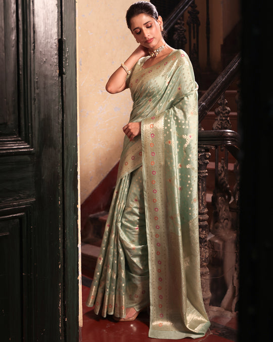 Pastel Pista Green Pure Banarasi Saree with Floral Butidar ZigZag Weaves