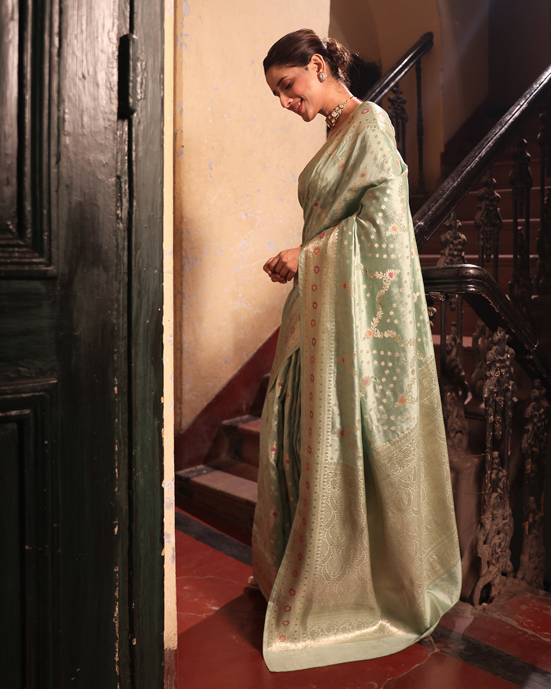 Pastel Pista Green Pure Banarasi Saree with Floral Butidar ZigZag Weaves