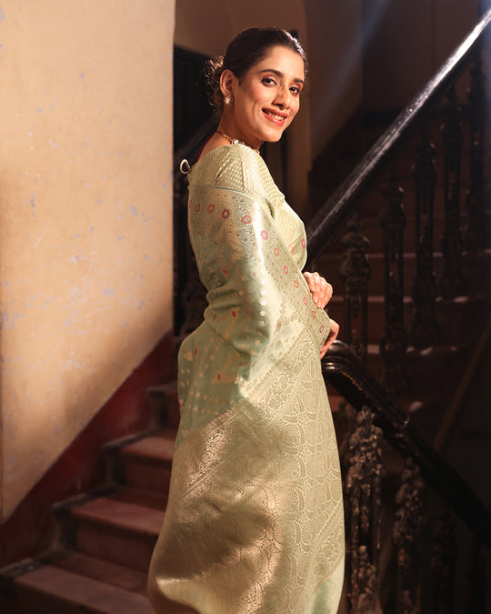 Pastel Pista Green Pure Banarasi Saree with Floral Butidar ZigZag Weaves