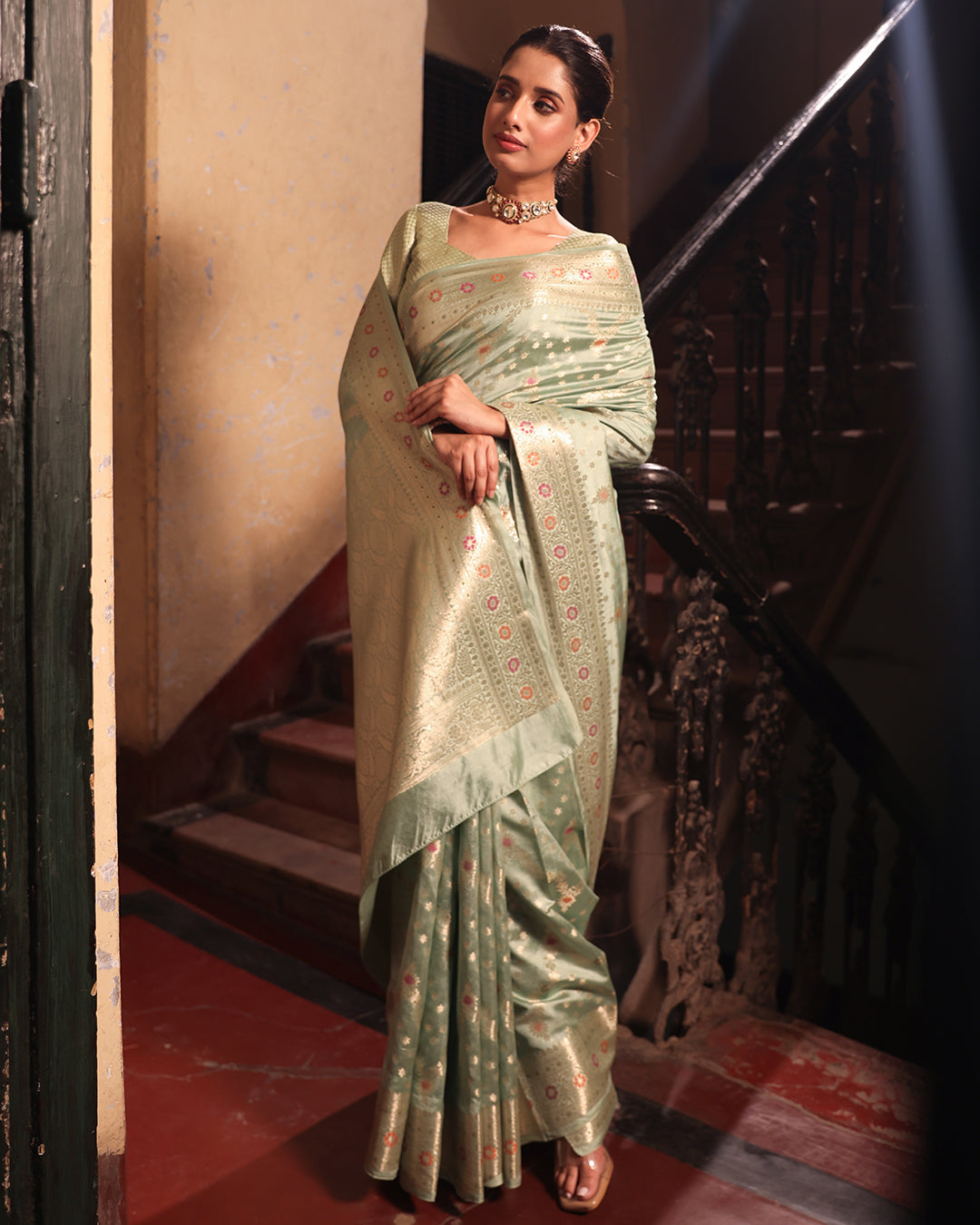 Pastel Pista Green Pure Banarasi Saree with Floral Butidar ZigZag Weaves