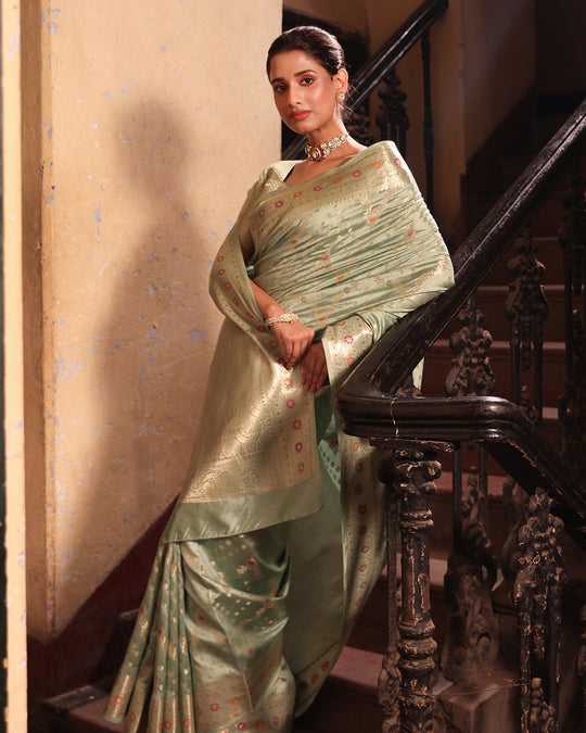 Pastel Pista Green Pure Banarasi Saree with Floral Butidar ZigZag Weaves