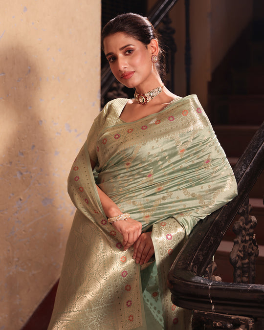 Pastel Pista Green Pure Banarasi Saree with Floral Butidar ZigZag Weaves