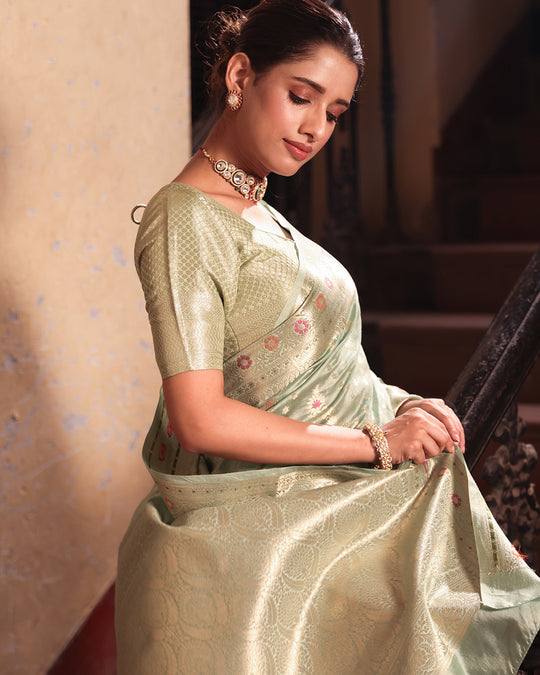Pastel Pista Green Pure Banarasi Saree with Floral Butidar ZigZag Weaves