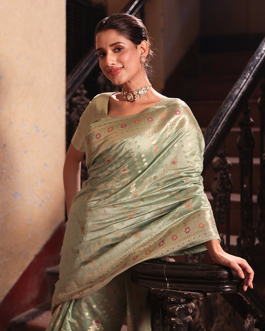 Pastel Pista Green Pure Banarasi Saree with Floral Butidar ZigZag Weaves