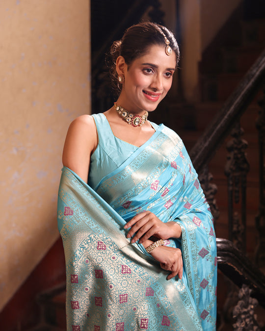 Aqua Blue Pure Banarasi Saree with Intricate Geometric Butidar Weaves