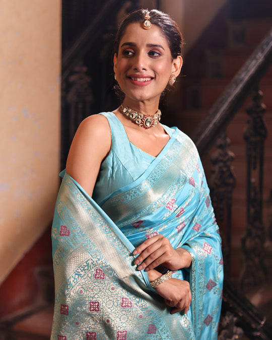 Aqua Blue Pure Banarasi Saree with Intricate Geometric Butidar Weaves