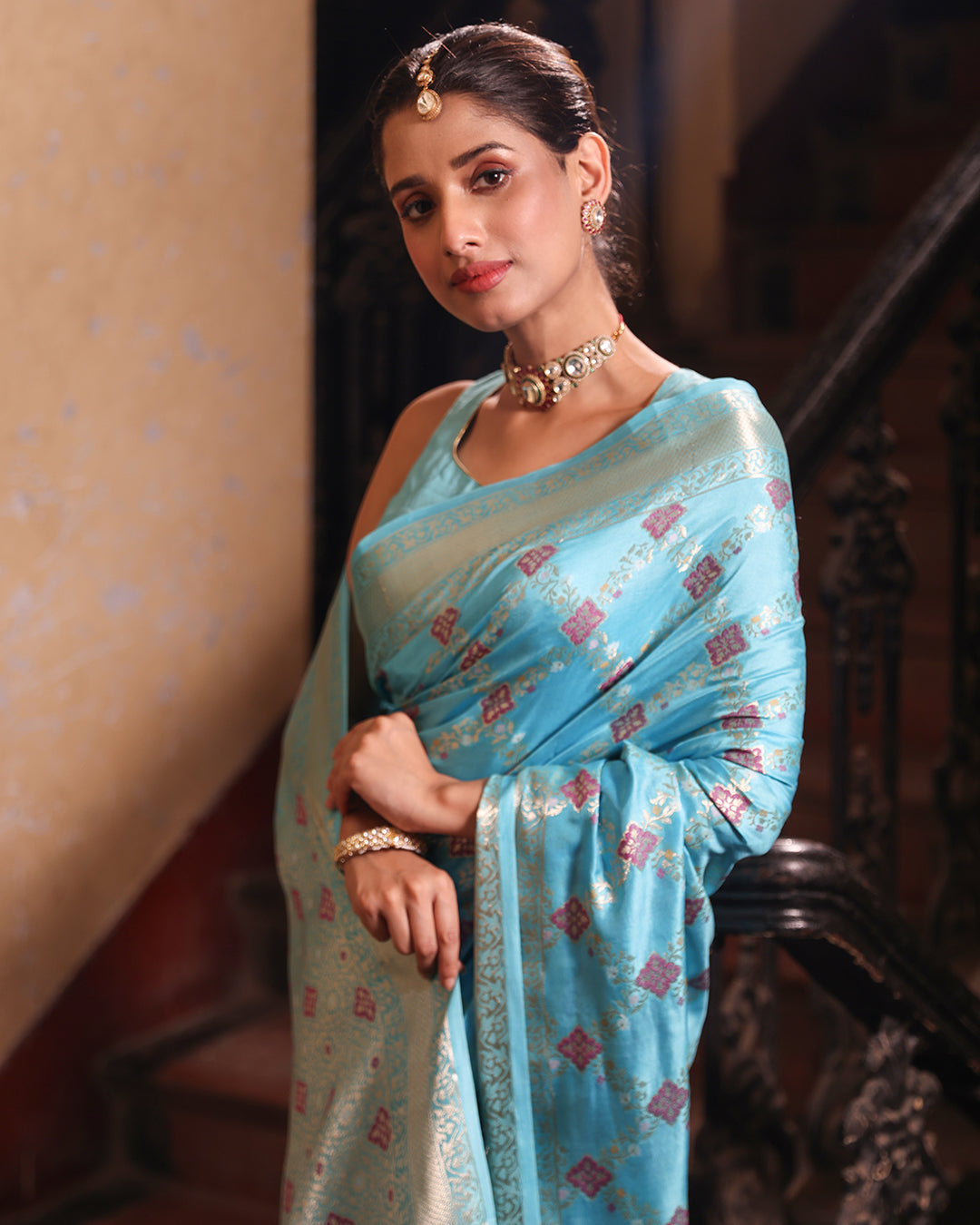Aqua Blue Pure Banarasi Saree with Intricate Geometric Butidar Weaves