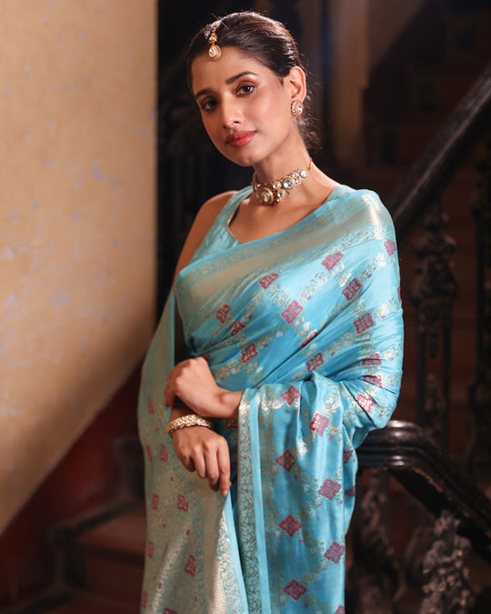 Aqua Blue Pure Banarasi Saree with Intricate Geometric Butidar Weaves