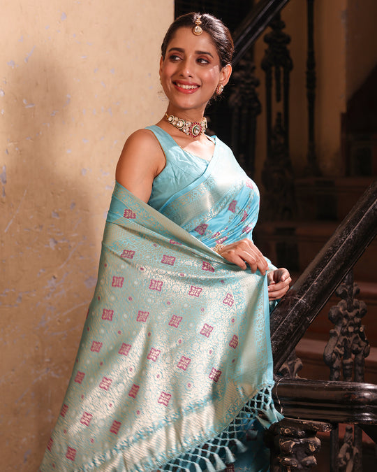 Aqua Blue Pure Banarasi Saree with Intricate Geometric Butidar Weaves