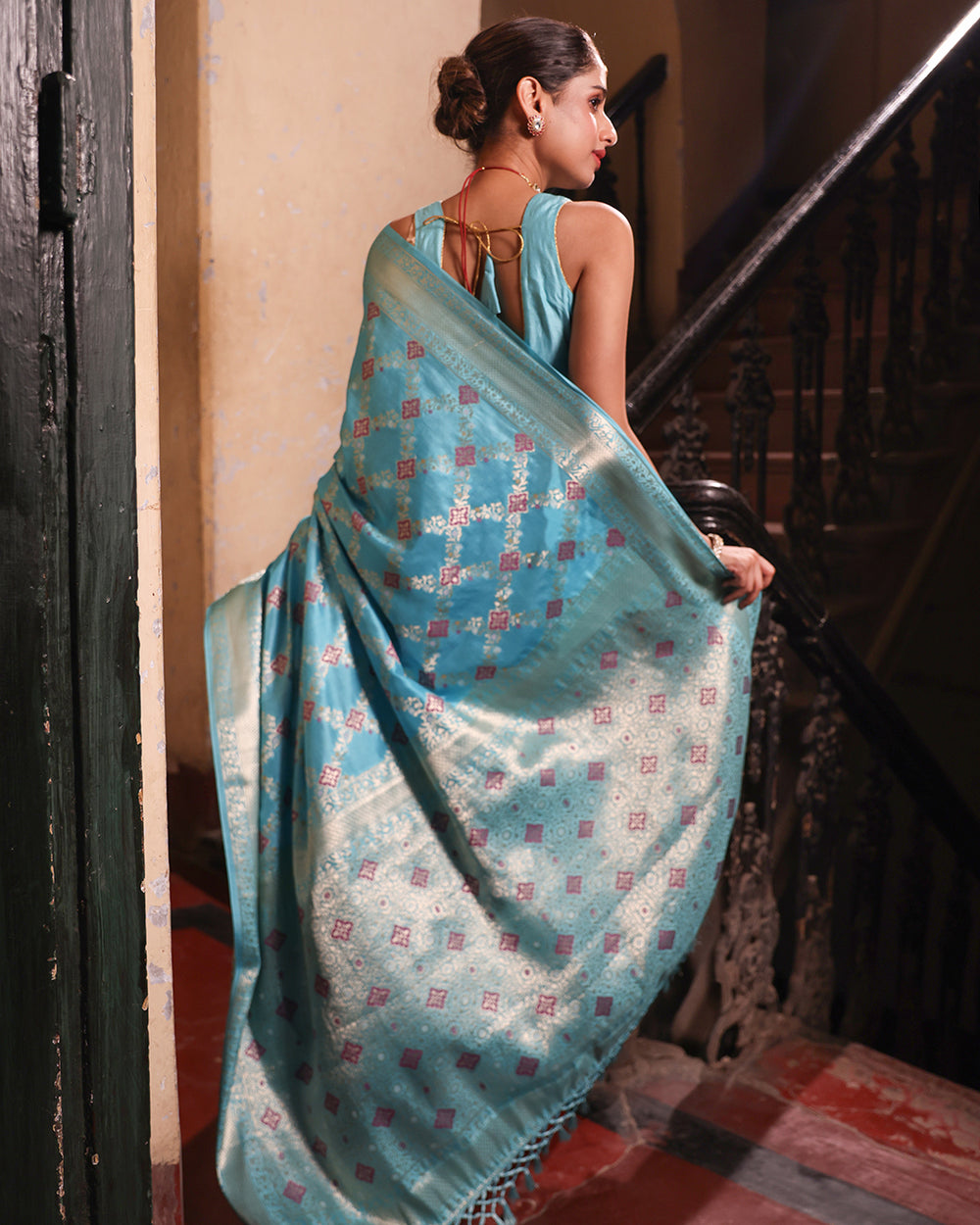 Aqua Blue Pure Banarasi Saree with Intricate Geometric Butidar Weaves