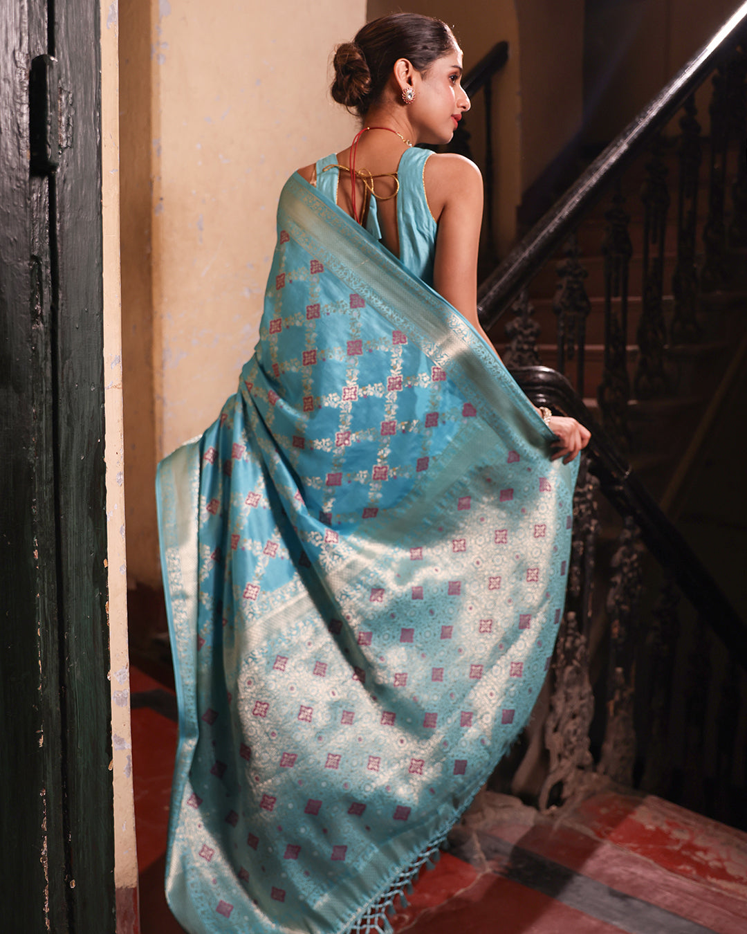 Aqua Blue Pure Banarasi Saree with Intricate Geometric Butidar Weaves